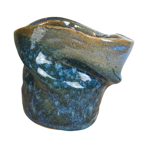 Handmade Blue Pottery Vase: Asymmetrical Ceramic Art, Signed - Picture 7 of 7